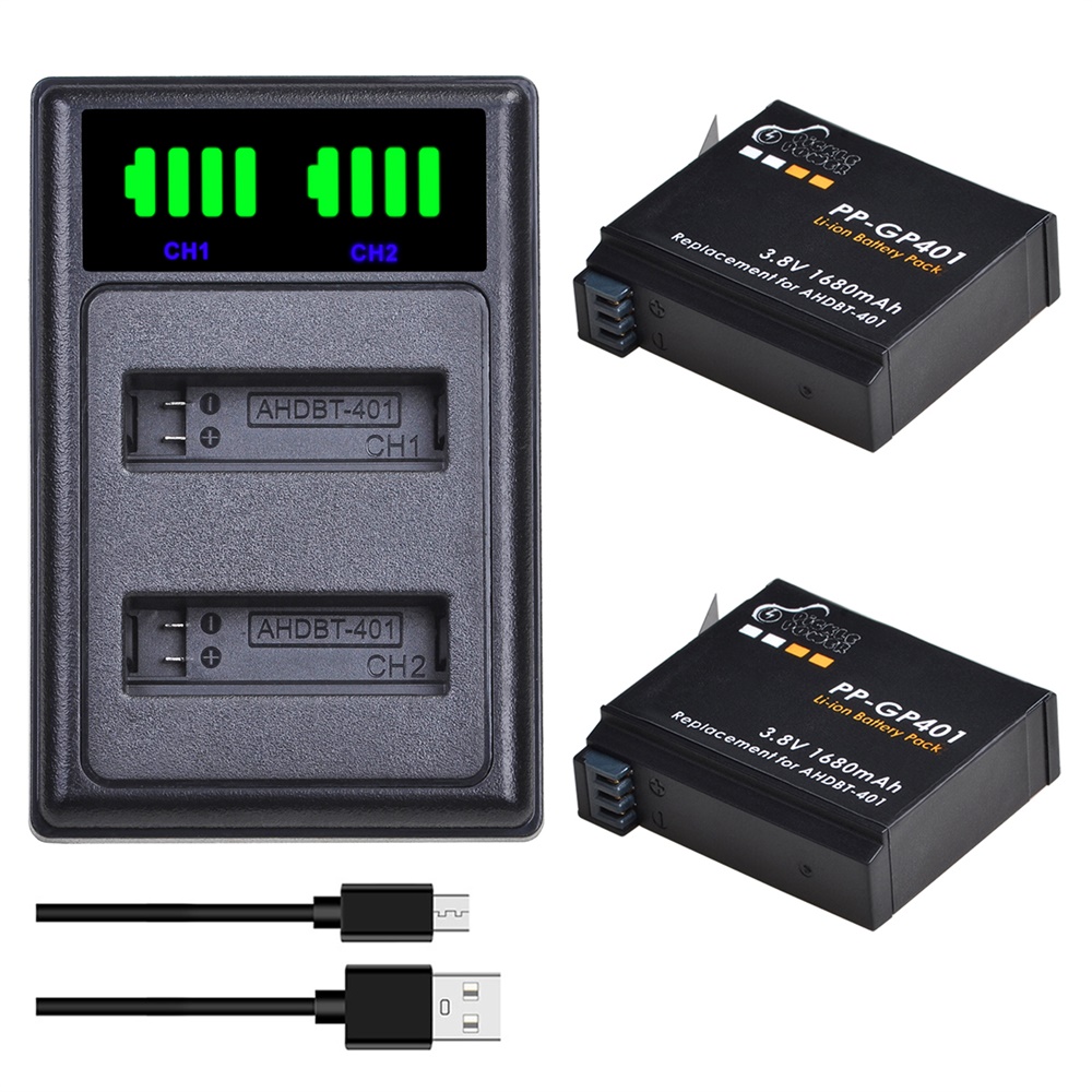 Action Camera Battery Charger Dual Pack - Batteria AHDBT-401 da 1680 mAh per