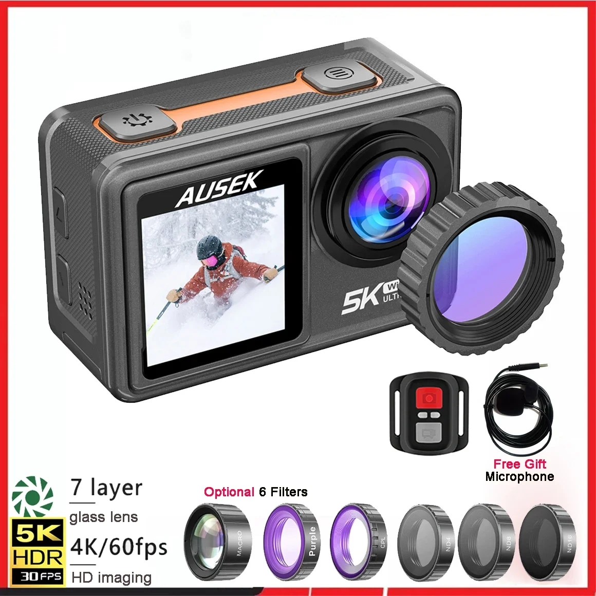 Action Camera 4K 60Fps Dual Screen - Action Camera con Filtro Rimovibile, 6
