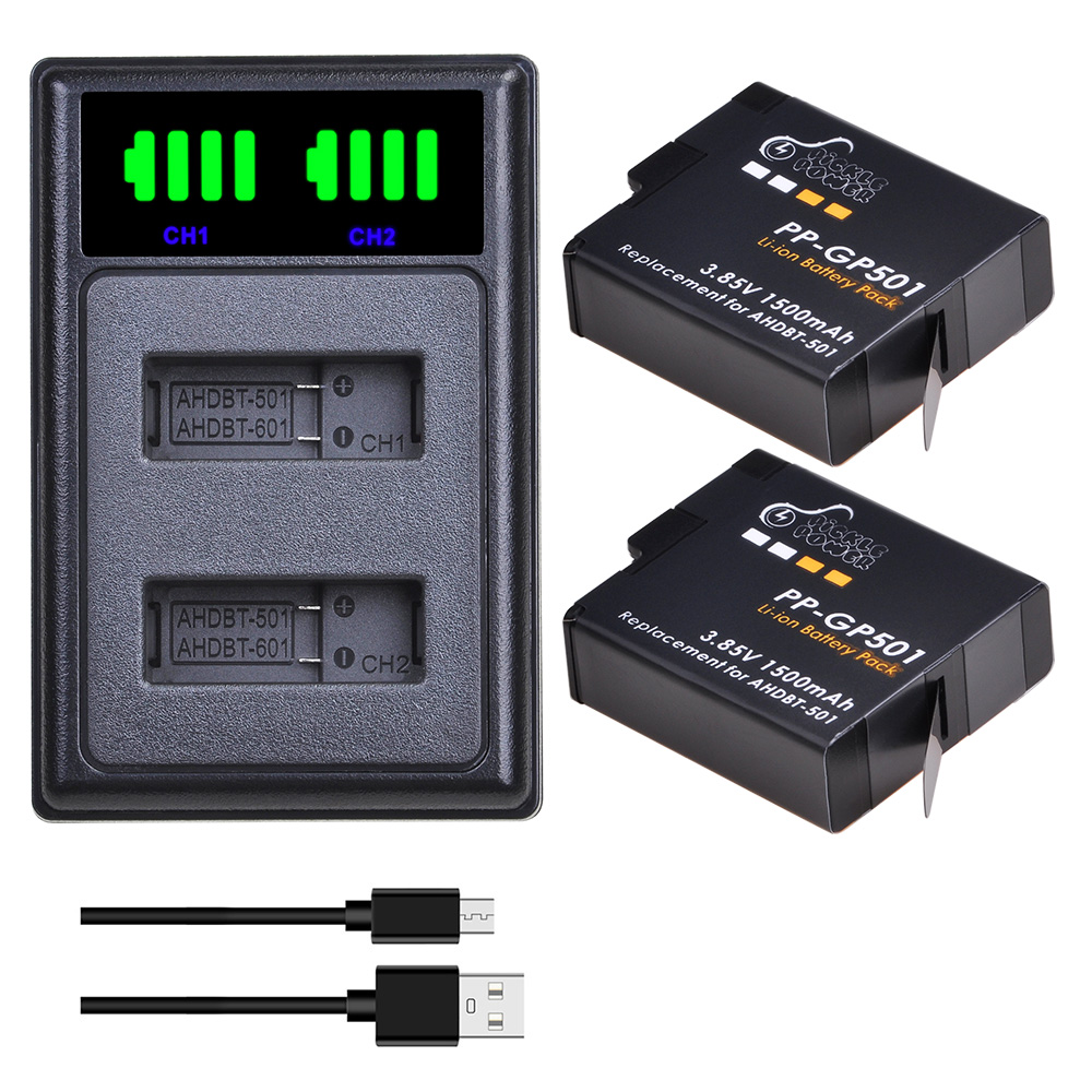 Action Camera Battery Charger Dual Pack - Batteria sostitutiva AHDBT-501 da 1500 mAh